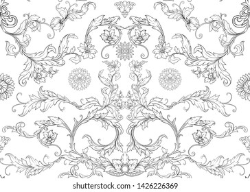 Seamless pattern, background In baroque, rococo, victorian, renaissance style. Trendy frolar vintage pattern.  Outline hand drawing vector illustration.
