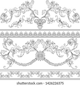 Seamless pattern, background In baroque, rococo, victorian, renaissance style. Trendy frolar vintage pattern.  Outline hand drawing vector illustration.
