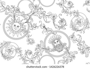 Seamless pattern, background In baroque, rococo, victorian, renaissance style. Trendy frolar vintage pattern.  Outline hand drawing vector illustration.
