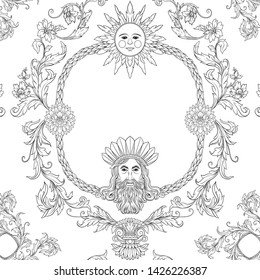 Seamless pattern, background In baroque, rococo, victorian, renaissance style. Trendy frolar vintage pattern.  Outline hand drawing vector illustration.
