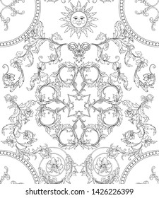 Seamless pattern, background In baroque, rococo, victorian, renaissance style. Trendy frolar vintage pattern.  Outline hand drawing vector illustration.
