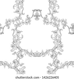 Seamless pattern, background In baroque, rococo, victorian, renaissance style. Trendy frolar vintage pattern.  Outline hand drawing vector illustration.
