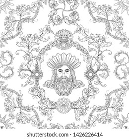 Seamless pattern, background In baroque, rococo, victorian, renaissance style. Trendy frolar vintage pattern.  Outline hand drawing vector illustration.
