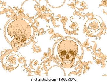 Seamless pattern, background In baroque, rococo, victorian, renaissance style. Trendy frolar vintage pattern.  In gold and black vector illustration.
