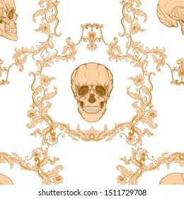 Seamless pattern, background In baroque, rococo, victorian, renaissance style. Trendy frolar vintage pattern.  In gold and black vector illustration.

