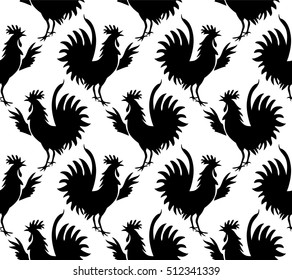 Seamless pattern background with roosters. Black and white rooster texture. Symbol of 2017 year. 