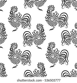 Seamless pattern background with roosters. Black and white cock texture. Vector background with symbol 2017 year.