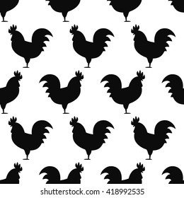 Seamless pattern background with roosters. Symbol of 2017 year. Black and white rooster texture. Rooster silhouette icon.