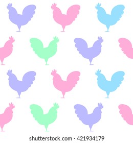 Seamless pattern background with roosters. Symbol of 2017 year. Colorful roosters on white background. Rooster silhouette icon.