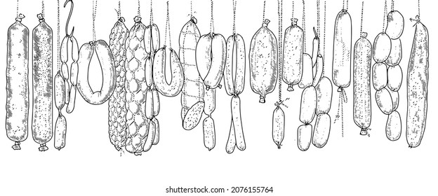 Seamless pattern background of sausage products and meat delicacies. Sausages, bacon, lard, salami in sketch style.
