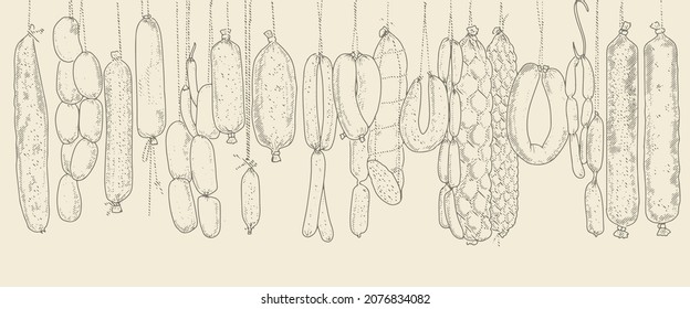 Seamless pattern background of sausage products and meat delicacies. Sausages, bacon, lard, salami in sketch style.