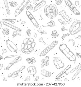 Seamless pattern background of sausage products and meat delicacies. Sausages, bacon, lard, salami in sketch style.