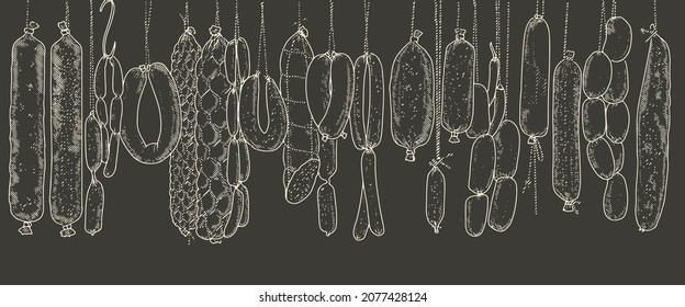 Seamless pattern background of sausage products and meat delicacies. Sausages, bacon, lard, salami in sketch style.