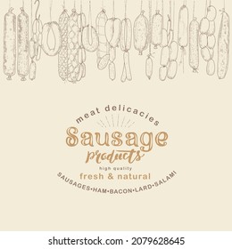 Seamless pattern background of sausage products and meat delicacies. Sausages, bacon, lard, salami in sketch style.