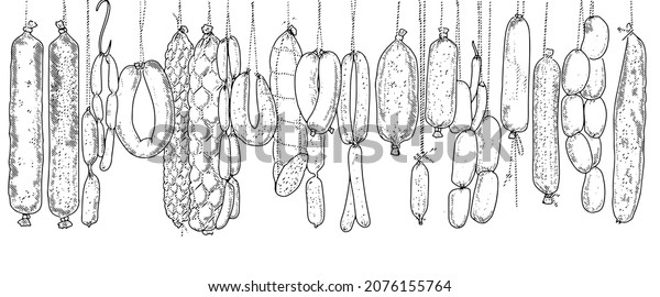 Seamless
pattern background of sausage products and meat delicacies.
Sausages, bacon, lard, salami in sketch
style.