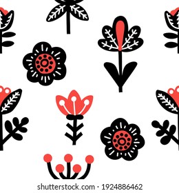 Seamless pattern background with scandinavian floral elements. Swedish folk ornament. Hand drawn vector illustration.