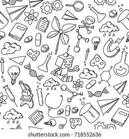 Seamless Pattern Background Science Equipment Kids Hand Drawing Set Illustration Isolated On White Background