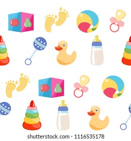 Seamless pattern, background, from a set of beautiful baby icons, vector illustration.	