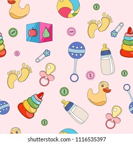 Seamless pattern, background, from a set of beautiful baby icons, vector illustration.