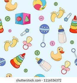 Seamless pattern, background, from a set of beautiful baby icons, vector illustration.	
