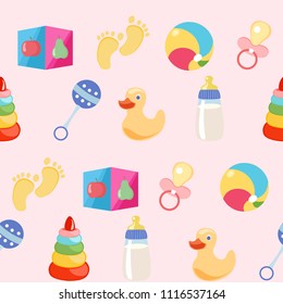 Seamless pattern, background, from a set of beautiful baby icons, vector illustration.	