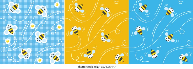 Seamless pattern or background set with funny bees