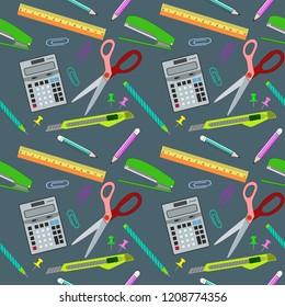 Seamless pattern background, set of office equipment and stationery, vector illustration eps10