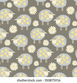 Seamless pattern background with sheeps and flowers 