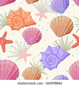 Seamless pattern background of shells, seaweed, starfishes with bubbles. Can be used in different ways. Vector.