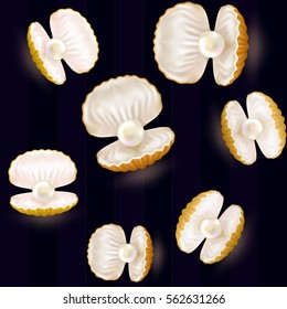 Seamless. Pattern, background. Shiny White Pearl. Quality Beautiful Open Pearl. Shell close up. Realistic single valuable object image. Vector Illustration.