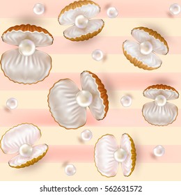 Seamless. Pattern, background. Shiny White Pearl. Quality Beautiful Open Pearl. Shell close up. Realistic single valuable object image. Vector Illustration.