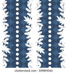 Seamless pattern background with silhouette of beautiful winter snowflakes in hand-drawn doodle style and fir branches. Merry Christmas and Happy New Year. Vector illustration.