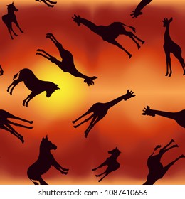 Seamless pattern, background with silhouettes of african animals giraffes and zebras on sunset background. Vector illustration.