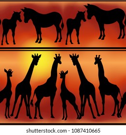 Seamless pattern, background with silhouettes of african animals giraffes and zebras on sunset background. Vector illustration.