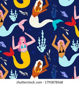  seamless pattern background with silhouettes of mermaid, fish, crab, sea horse and starfish.