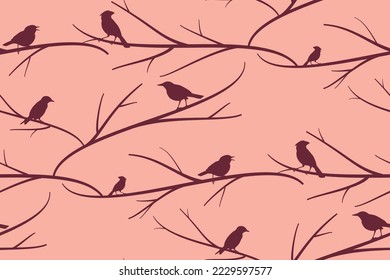 Seamless pattern background with silhouettes of tree branches and birds on pink background. Web, print, gift wrapping, home decor, fashion, invitation, textile , wallpapers. Layered EPS8 vector file.