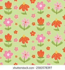 Seamless pattern background with simle hand drawn flat spring flowers. Red and pink cute flower print.