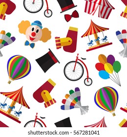Seamless pattern background with simple circus symbols flat icons on white background vector illustration
