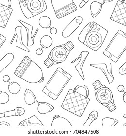 Seamless pattern background with simple fashion line art objects on  white backdrop vector illustration