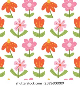Seamless pattern background with simple hand drawn flat bright spring flowers over white background. Cute childish springtime print