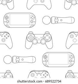 Seamless pattern background with simple joystick line art icons on white background vector illustration. Gamepad icon set