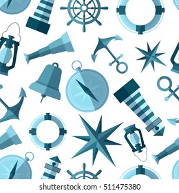 Seamless pattern background with simple monochrome nautical flat symbols on white background vector illustration