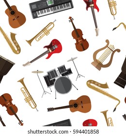 Seamless pattern background with simple musical instruments flat icons on white background vector illustration