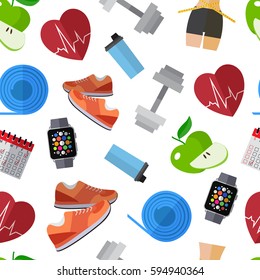 Seamless pattern background with simple sport and healthy lifestyle equipment  flat icons on white background vector illustration