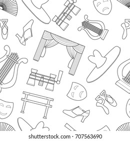 Seamless pattern background with simple theater and ballet symbols line art icons on white background vector illustration