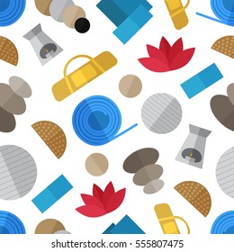 Seamless pattern background with  simple yoga equipment flat icons on white background vector illustration