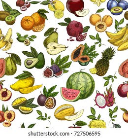 Seamless pattern background of sketched fruits. Vegetarian watermelon and vegan pear, agriculture melon and tropical pineapple, exotic durian and tasty banana, sliced kiwi. Nutrition theme