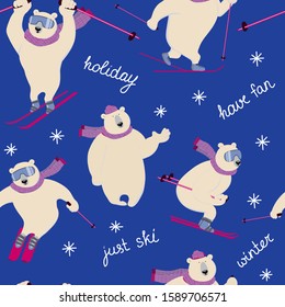 Seamless pattern for background with skiing polar bear. Сharming sporty and strong animal wears scarf and  cap, likes downhill skiing. Vector ilustrations with character in flat style.