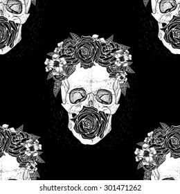Seamless pattern background skull with flowers ,rose in mouth.Black background.