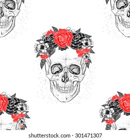 Seamless pattern background skull with flowers .White background.